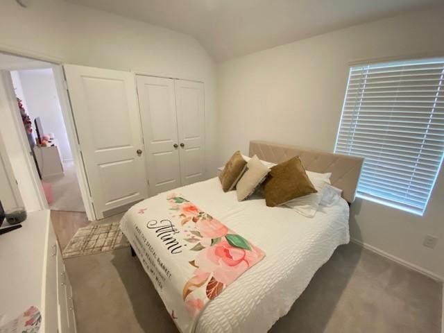1926 Barrett Gables Dr, Crosby, TX 77532 - carpeted bedroom with lofted ceiling, a closet, and baseboards