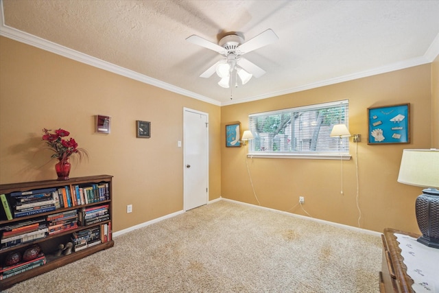 4114 Plumtree Ln, Seabrook, TX 77586 - living area featuring carpet, a ceiling fan, baseboards, and crown molding