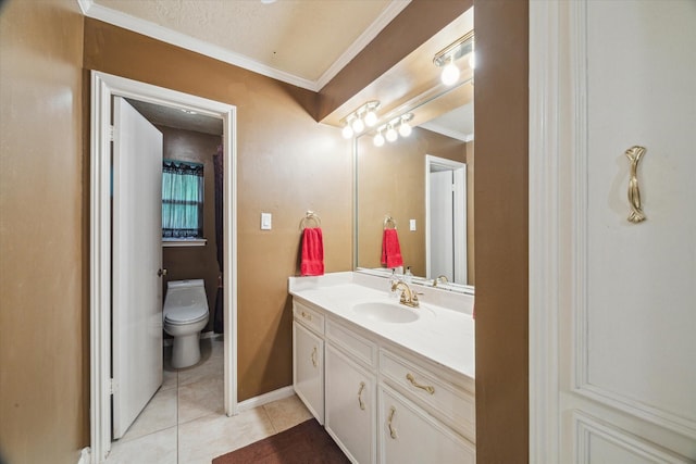4114 Plumtree Ln, Seabrook, TX 77586 - bathroom with vanity, toilet, crown molding, tile patterned floors, and baseboards