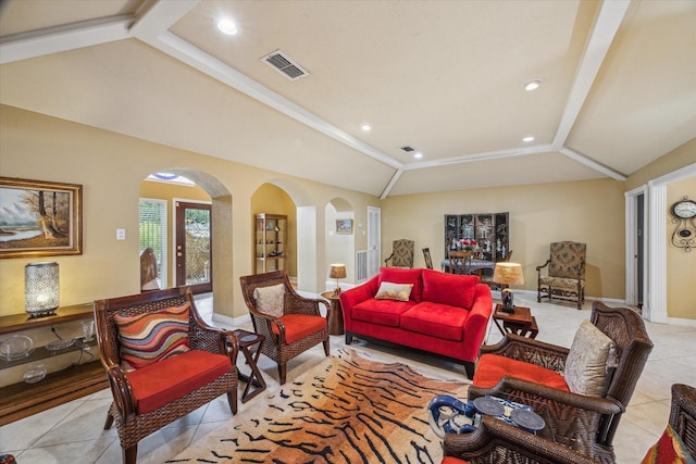 4114 Plumtree Ln, Seabrook, TX 77586 - living room with light tile patterned floors, baseboards, arched walkways, and recessed lighting
