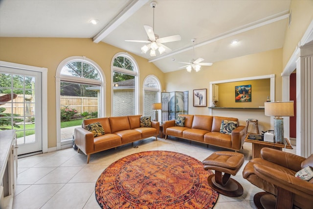4114 Plumtree Ln, Seabrook, TX 77586 - living room featuring light tile patterned floors and a ceiling fan
