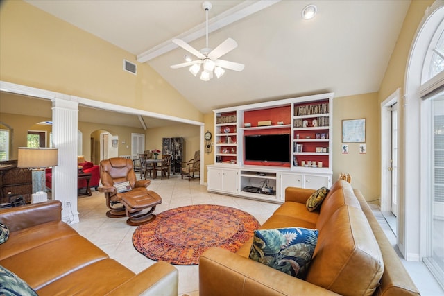 4114 Plumtree Ln, Seabrook, TX 77586 - living area featuring decorative columns, beam ceiling, high vaulted ceiling, a ceiling fan, and light tile patterned floors