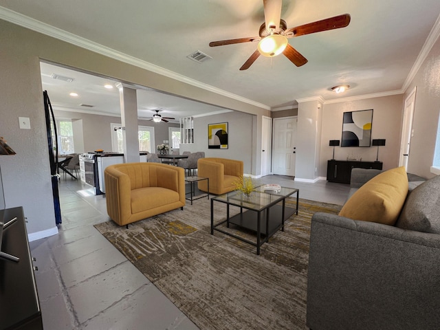 11106 Sagevalley Dr N, Houston, TX 77089 - living area featuring ceiling fan, ornamental molding, and baseboards