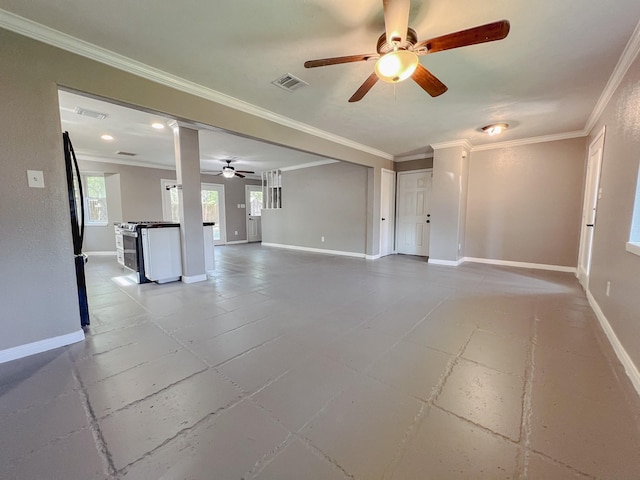 11106 Sagevalley Dr N, Houston, TX 77089 - unfurnished living room with a ceiling fan, crown molding, and baseboards