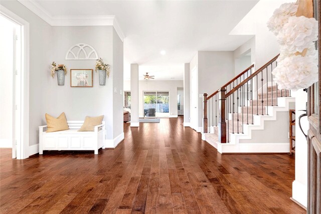 30622 Indigo Falls Dr, Brookshire, TX 77423 - foyer entrance featuring wood-type flooring, stairs, baseboards, recessed lighting, and crown molding