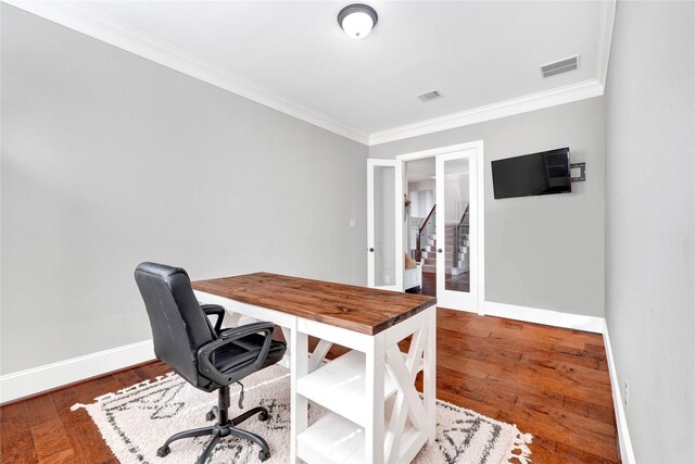 30622 Indigo Falls Dr, Brookshire, TX 77423 - home office featuring ornamental molding, baseboards, and hardwood / wood-style flooring