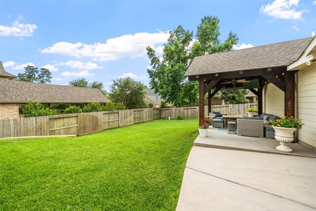 2510 Eagle Post Dr, Conroe, TX 77304 - view of yard with an outdoor hangout area, a ceiling fan, a patio area, and a gazebo