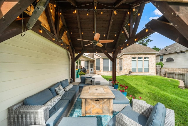 2510 Eagle Post Dr, Conroe, TX 77304 - view of patio with an outdoor living space with a fire pit and a ceiling fan