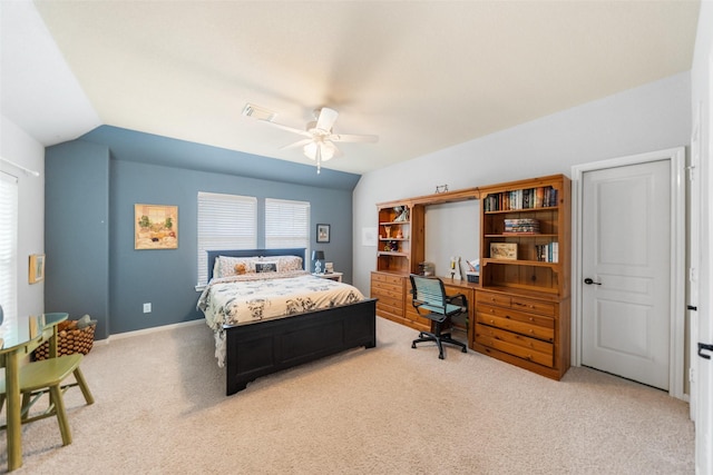 2510 Eagle Post Dr, Conroe, TX 77304 - carpeted bedroom featuring an office area, ceiling fan, and vaulted ceiling