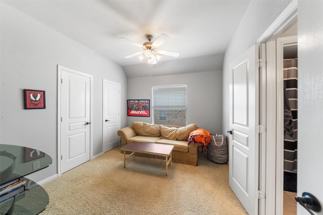 2510 Eagle Post Dr, Conroe, TX 77304 - living area with a ceiling fan, carpet, and lofted ceiling