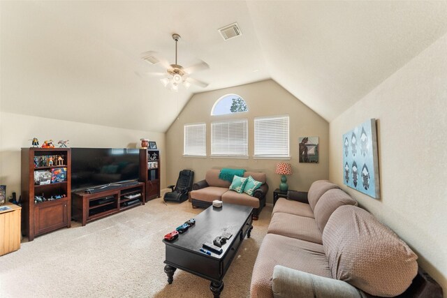 2510 Eagle Post Dr, Conroe, TX 77304 - living room featuring lofted ceiling, carpet floors, and ceiling fan