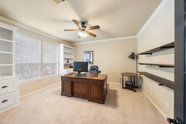 2510 Eagle Post Dr, Conroe, TX 77304 - office featuring a ceiling fan, light colored carpet, baseboards, and crown molding