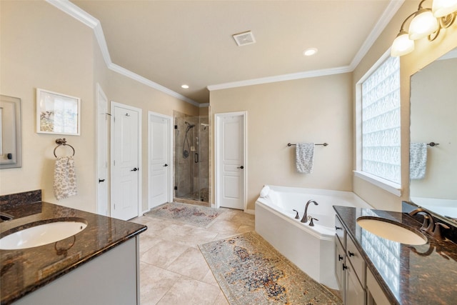 2510 Eagle Post Dr, Conroe, TX 77304 - bathroom with two vanities, a stall shower, a garden tub, crown molding, and recessed lighting