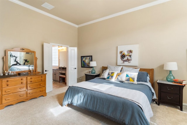 2510 Eagle Post Dr, Conroe, TX 77304 - bedroom featuring light colored carpet, crown molding, and ensuite bathroom