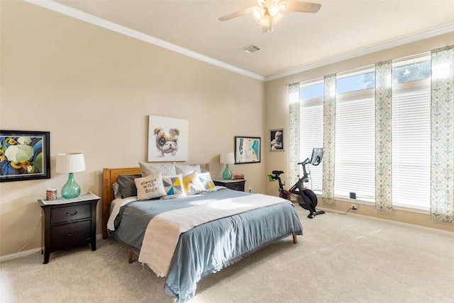 2510 Eagle Post Dr, Conroe, TX 77304 - bedroom with light carpet, baseboards, crown molding, and a ceiling fan