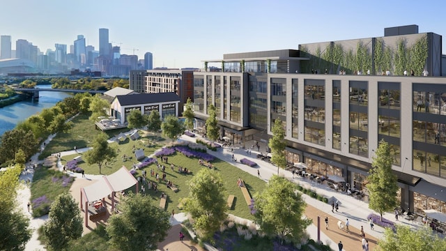 2704 Fox St, Houston, TX 77003 - drone / aerial view of a view of skyline, a notable bridge, and a large body of water