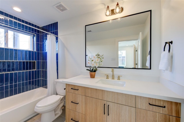 412 N Nagle St, Houston, TX 77003 - full bath with toilet, vanity, shower / tub combo with curtain, and tile patterned floors