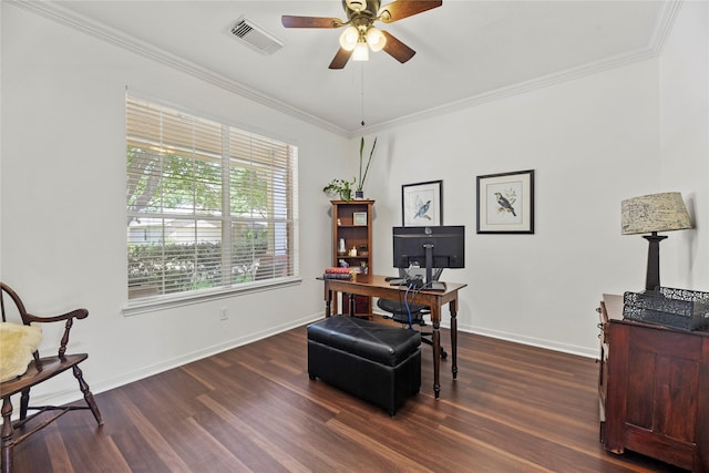 10826 Redstone Ct, Missouri City, TX 77459 - home office with crown molding, dark wood finished floors, ceiling fan, and baseboards