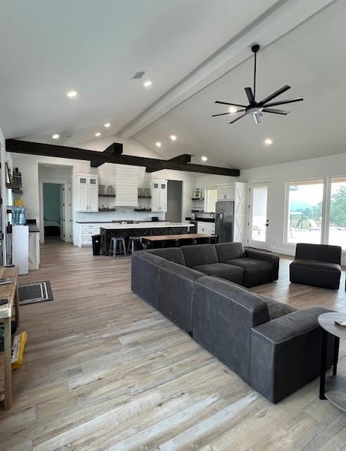 1463 Mountain Valley Dr, Concan, TX 78838 - living area with a ceiling fan, light wood-type flooring, and recessed lighting
