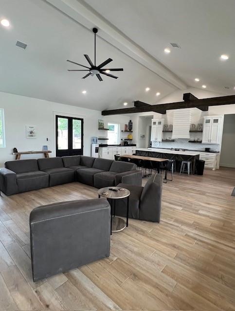 1463 Mountain Valley Dr, Concan, TX 78838 - living area featuring ceiling fan, light wood-style floors, plenty of natural light, and recessed lighting