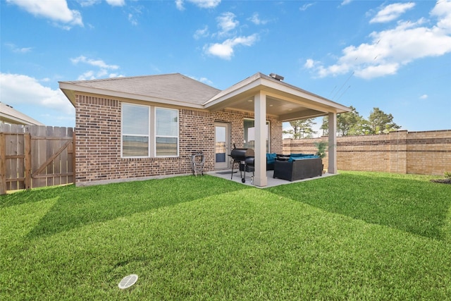 7258 Allendale Arbor Ct, Cypress, TX 77433 - rear view of property featuring an outdoor living space, a patio area, and brick siding