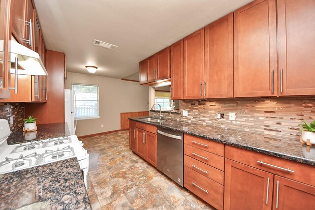 730 Columbia Ln, Deer Park, TX 77536 - kitchen with white appliances, a sink, brown cabinets, and tasteful backsplash