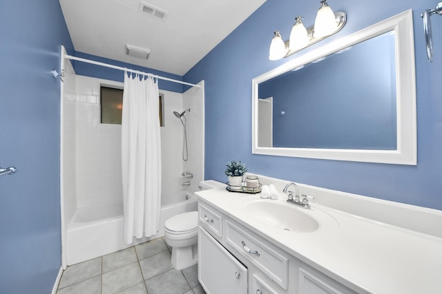 730 Columbia Ln, Deer Park, TX 77536 - bathroom with shower / bath combination with curtain, tile patterned floors, toilet, and vanity