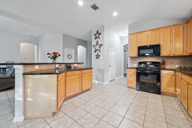 18011 Outback Lakes Trl, Humble, TX 77346 - kitchen with black appliances, arched walkways, tasteful backsplash, light tile patterned floors, and lofted ceiling