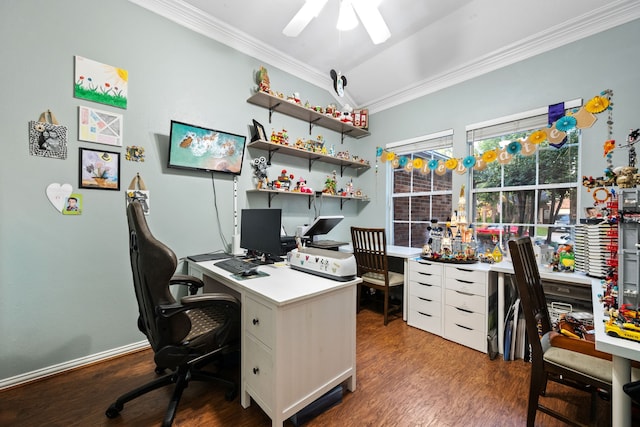 18011 Outback Lakes Trl, Humble, TX 77346 - office area with crown molding, wood finished floors, and ceiling fan