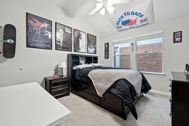 18011 Outback Lakes Trl, Humble, TX 77346 - bedroom featuring light colored carpet, lofted ceiling, and a ceiling fan