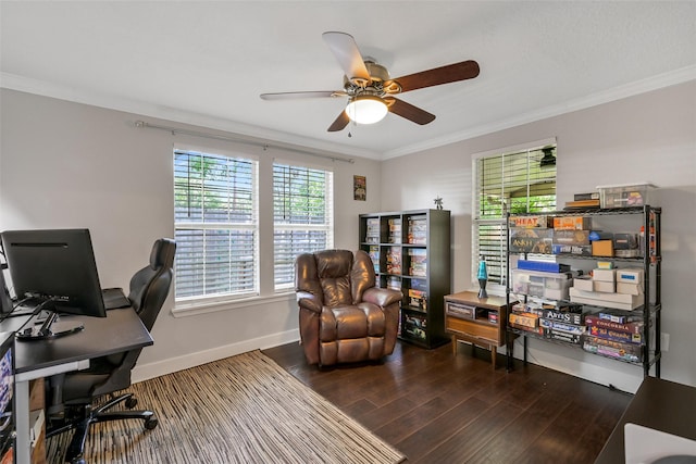 1731 W 22nd St, Houston, TX 77008 - office with a ceiling fan, wood finished floors, ornamental molding, and baseboards