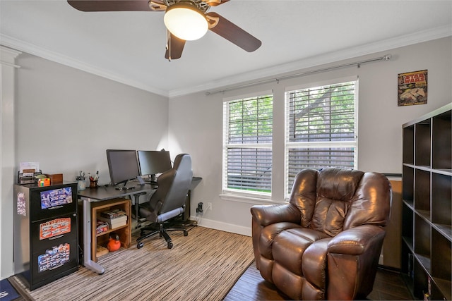 1731 W 22nd St, Houston, TX 77008 - home office featuring ceiling fan, crown molding, and baseboards