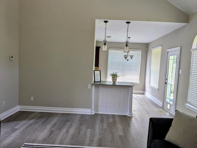 10067 Lazy Meadows Dr, Houston, TX 77064 - kitchen with wood finished floors, baseboards, decorative light fixtures, lofted ceiling, and a peninsula