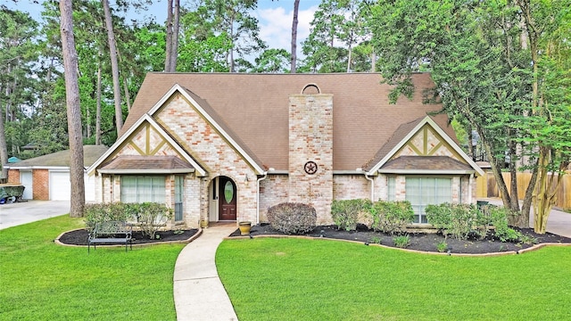 17407 Majestic Forest Dr, Spring, TX 77379 - english style home with a chimney, brick siding, and a shingled roof