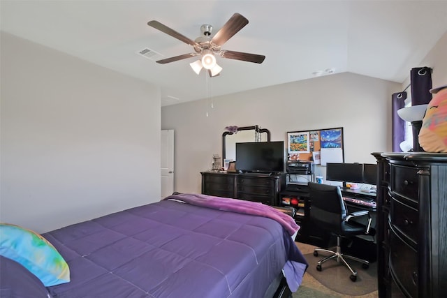 8434 Violet Hills Ln, Rosharon, TX 77583 - carpeted bedroom featuring a ceiling fan, vaulted ceiling, and an office area