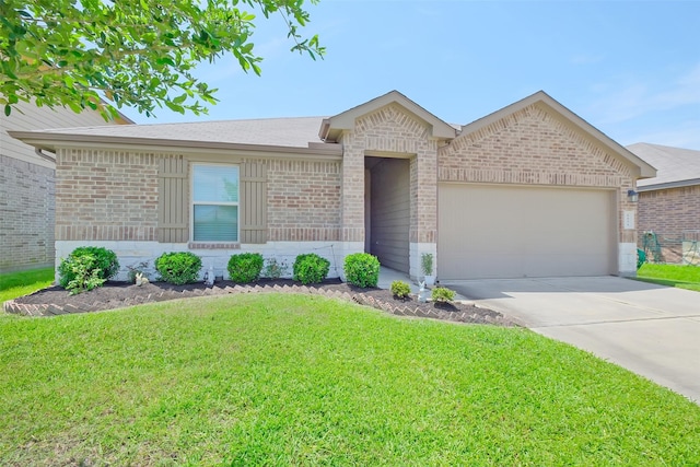 8434 Violet Hills Ln, Rosharon, TX 77583 - ranch-style house with brick siding, a garage, and a front lawn