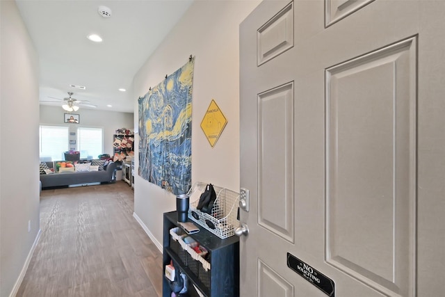 8434 Violet Hills Ln, Rosharon, TX 77583 - hall with wood finished floors, recessed lighting, and baseboards