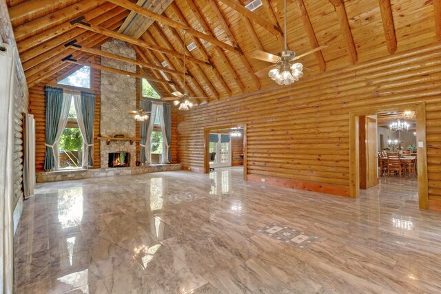 1000 W Polk St, Livingston, TX 77351 - unfurnished living room featuring high vaulted ceiling, ceiling fan, a fireplace, wood ceiling with exposed beams, and healthy amount of natural light