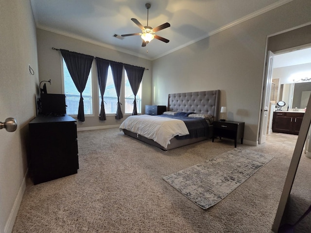 3207 Karleigh Way, Richmond, TX 77406 - carpeted bedroom featuring ornamental molding, baseboards, connected bathroom, and a ceiling fan