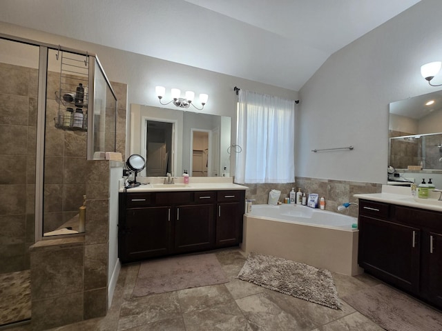 3207 Karleigh Way, Richmond, TX 77406 - bathroom with lofted ceiling, a shower stall, a bath, and two vanities