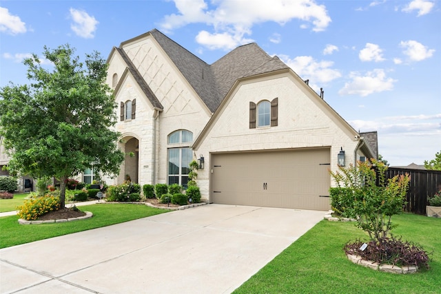3607 Brook St, Rosharon, TX 77583 - french country style house featuring driveway, a garage, a shingled roof, and stone siding