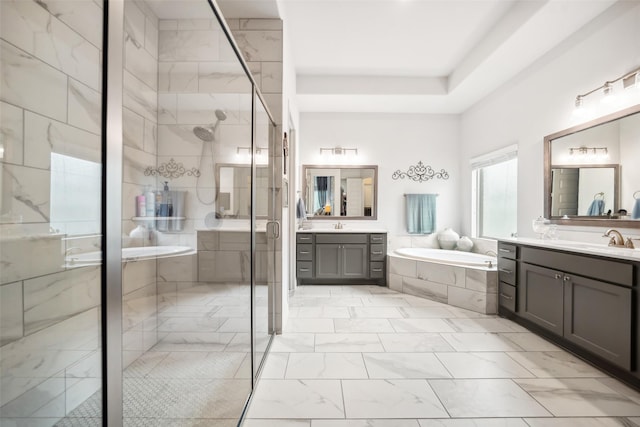 3607 Brook St, Rosharon, TX 77583 - full bathroom with a garden tub, a shower stall, marble finish floors, and two vanities