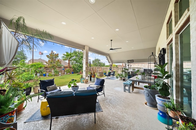 3607 Brook St, Rosharon, TX 77583 - view of patio / terrace with an outdoor hangout area, outdoor dining space, and ceiling fan