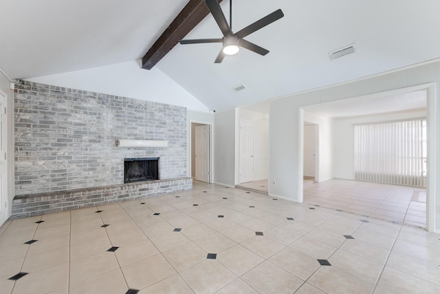 2806 Quail Valley E Dr, Missouri City, TX 77489 - unfurnished living room with ceiling fan, beamed ceiling, a fireplace, tile patterned flooring, and brick wall