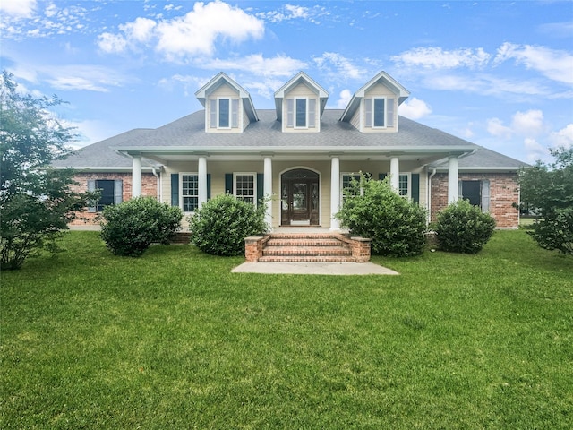2424 Katy Hockley Cut Off Rd, Katy, TX 77493 - cape cod house with a porch, a front yard, brick siding, and roof with shingles