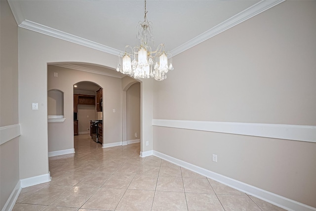 2409 Spears Dr, Humble, TX 77396 - empty room featuring arched walkways, ornamental molding, light tile patterned floors, a chandelier, and baseboards