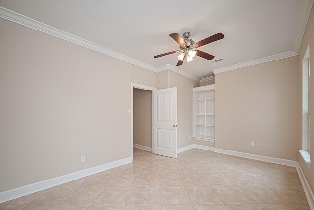 2409 Spears Dr, Humble, TX 77396 - unfurnished room with ornamental molding, a ceiling fan, built in shelves, baseboards, and light tile patterned floors