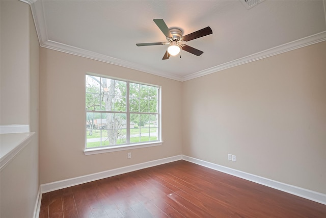 2409 Spears Dr, Humble, TX 77396 - empty room with ornamental molding, a ceiling fan, baseboards, and dark wood-style flooring
