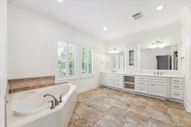 4012 Ruskin St, Houston, TX 77005 - full bath featuring crown molding, a bath, double vanity, stone finish flooring, and baseboards