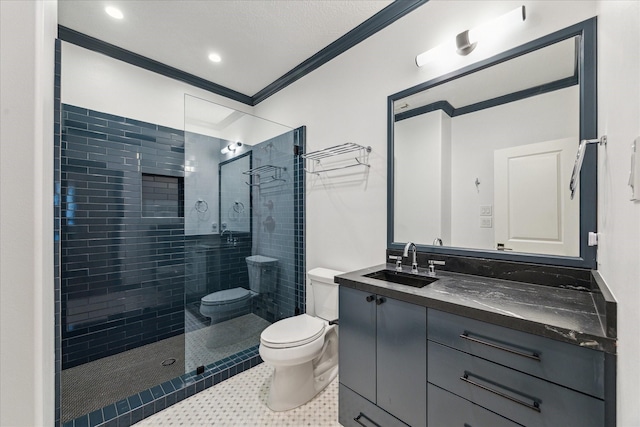4012 Ruskin St, Houston, TX 77005 - bathroom featuring toilet, crown molding, a walk in shower, vanity, and tile patterned flooring
